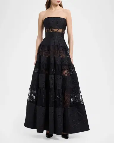 Elie Saab Strapless Floral Brocade Tiered Lace-Inset Gown | Thumbnail 2