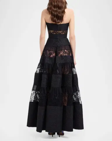 Elie Saab Strapless Floral Brocade Tiered Lace-Inset Gown | Thumbnail 3