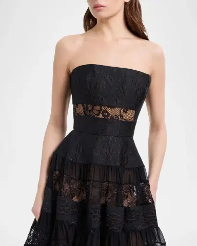 Elie Saab Strapless Floral Brocade Tiered Lace-Inset Gown | Thumbnail 4