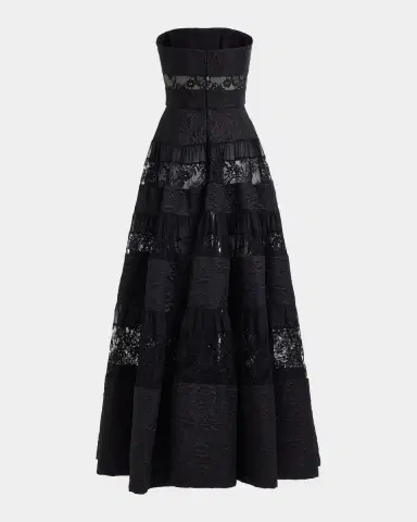 Elie Saab Strapless Floral Brocade Tiered Lace-Inset Gown | Thumbnail 5