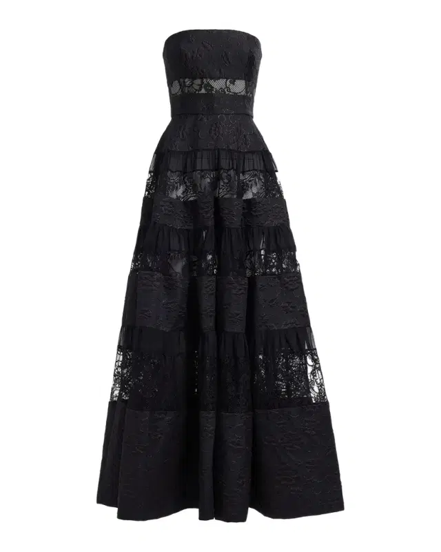Elie Saab Strapless Floral Brocade Tiered Lace-Inset Gown