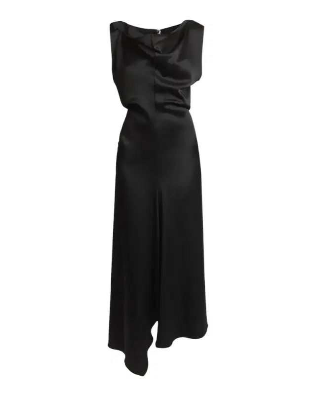 Victoria Beckham Asymmetric Draped Sleeveless Satin Midi Dress