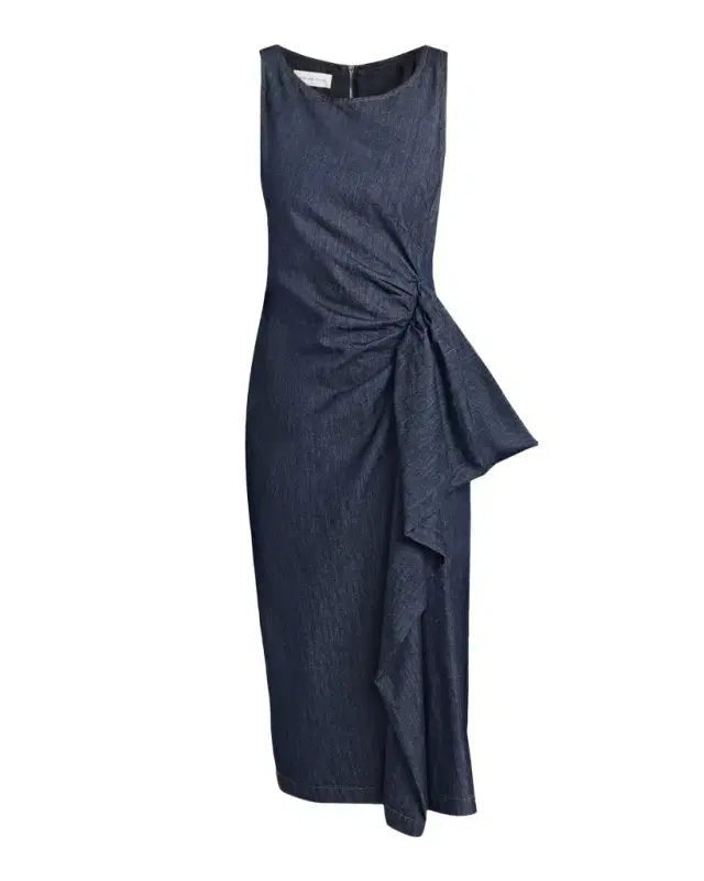 Dries Van Noten Dropps Denim Ruffle Sleeveless Midi Dress