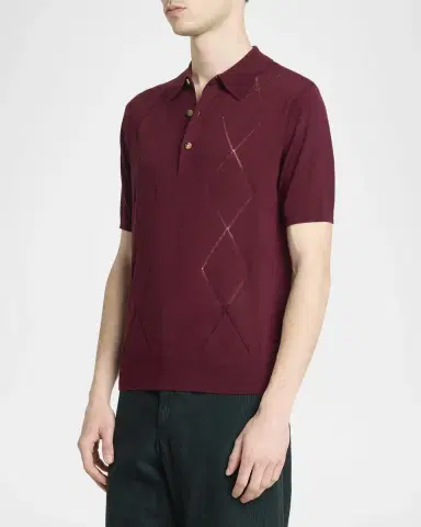 Dries Van Noten Men's Cotton Argyle Wool Polo | Thumbnail 4 Dries Van Noten Men's Cotton Argyle Wool Polo | Thumbnail 4