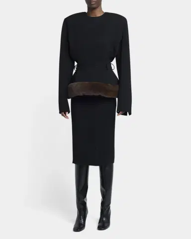 Stella McCartney Long-Sleeve Belted Faux-Fur Peplum Midi Dress | Thumbnail 2