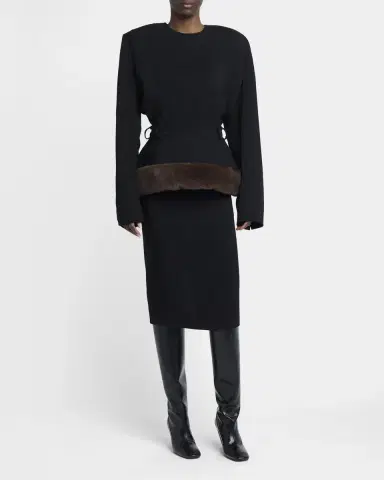 Stella McCartney Long-Sleeve Belted Faux-Fur Peplum Midi Dress | Thumbnail 4