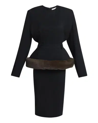 Stella McCartney Long-Sleeve Belted Faux-Fur Peplum Midi Dress | Thumbnail 1