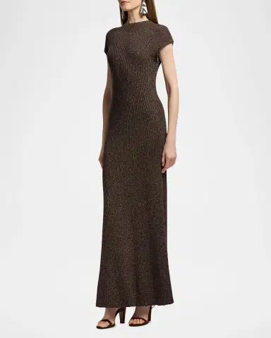 Ralph Lauren Collection Windi Cap-Sleeve Speckled Silk-Wool Rib Maxi Dress | Thumbnail 6