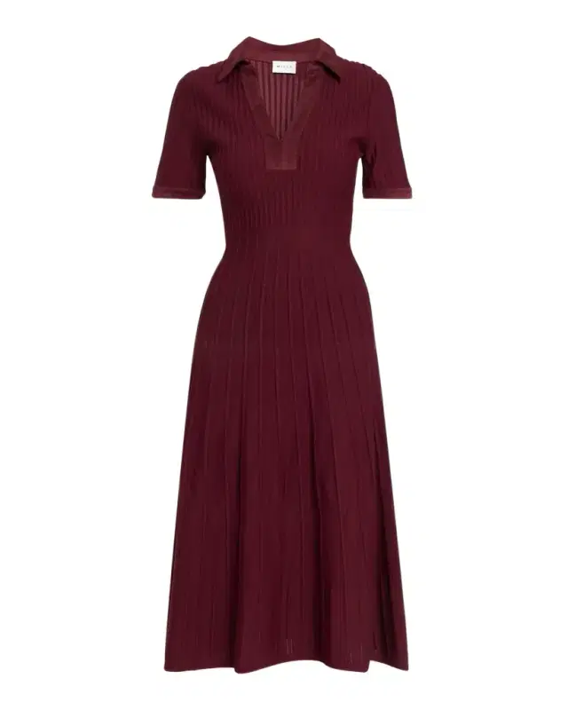 Milly Dylan Johnny-Collar Ribbed Midi Dress