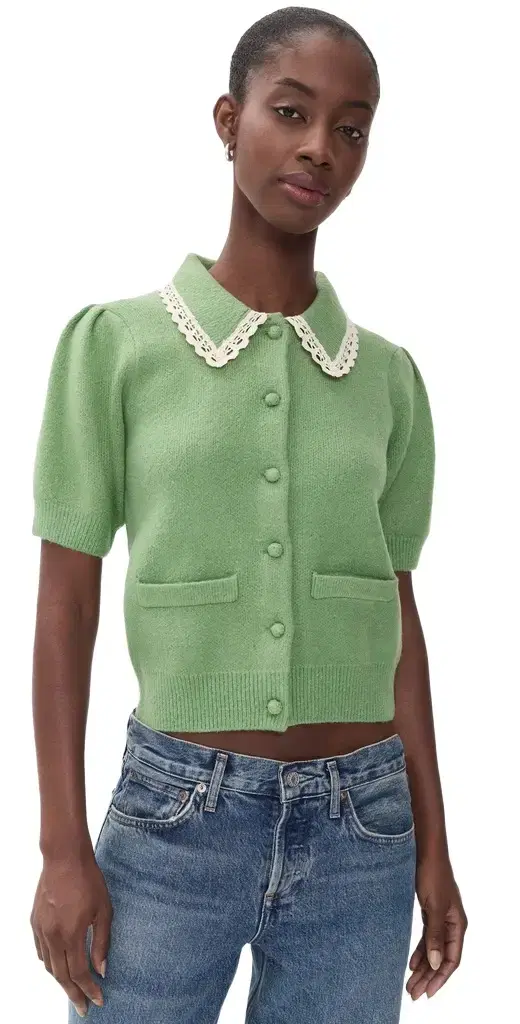 English Factory Lace Trim Puff Sleeve Knit Cardigan