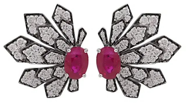 Wish Fine Jewelry 2.91ct Diamond Ruby 18K Gold Leaf Earrings