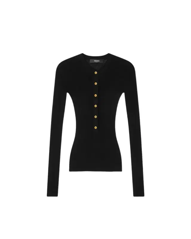Versace Merino Wool Ribbed Knit Henley Top