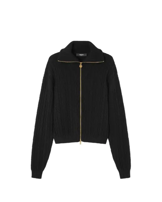 Versace Embroidered Wool Knit Zip Sweater