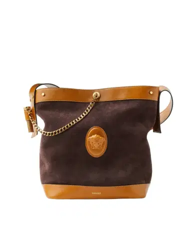 Versace Pivot Large Suede Bucket Bag | Thumbnail 1 Versace Pivot Large Suede Bucket Bag | Thumbnail 1