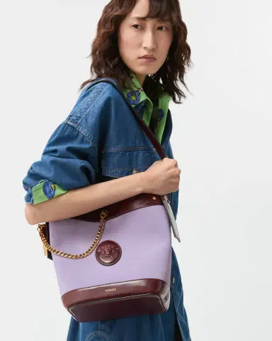 Versace Pivot Small Suede Bucket Bag | Thumbnail 2 Versace Pivot Small Suede Bucket Bag | Thumbnail 2