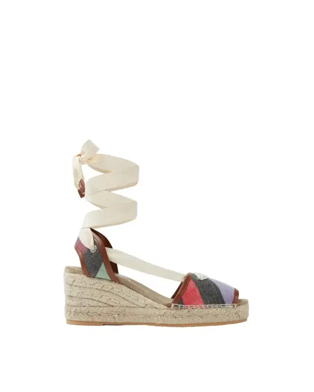 Versace Lola Striped Denim Wedge Sandals 65 mm