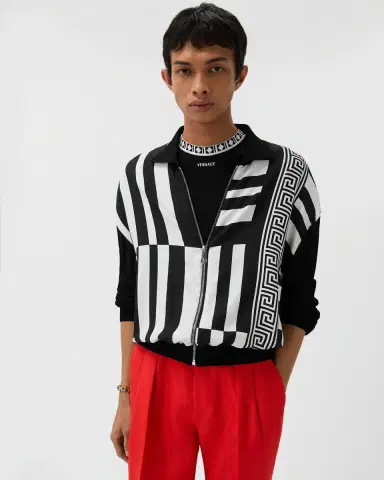 Versace Printed Silk Inserts Knit Zip Cardigan | Thumbnail 2