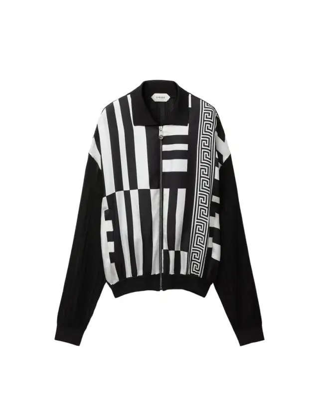 Versace Printed Silk Inserts Knit Zip Cardigan