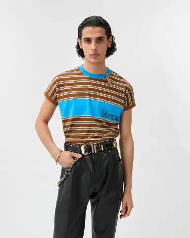 Versace Embroidered-Logo Striped-Intarsia Cotton T-Shirt | Thumbnail 2