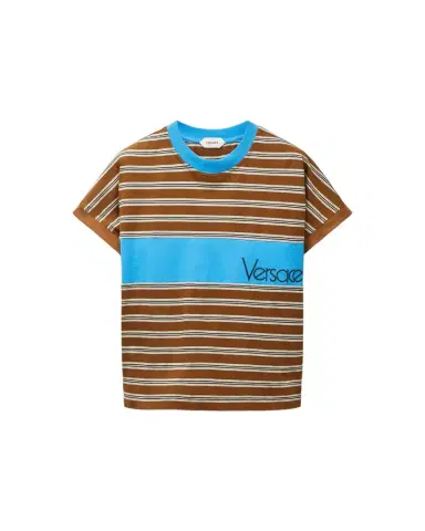 Versace Embroidered-Logo Striped-Intarsia Cotton T-Shirt | Thumbnail 1