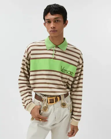 Versace Embroidered-Logo Striped-Intarsia Cotton Polo | Thumbnail 2 Versace Embroidered-Logo Striped-Intarsia Cotton Polo | Thumbnail 2