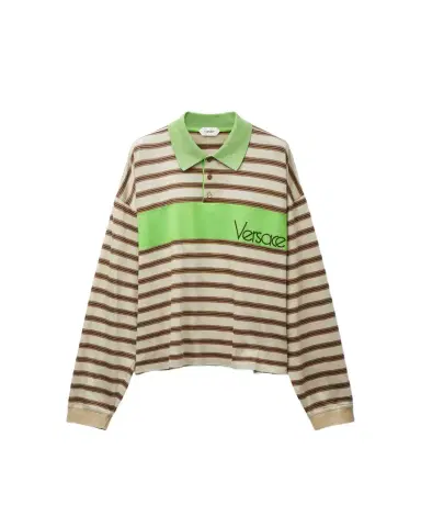 Versace Embroidered-Logo Striped-Intarsia Cotton Polo | Thumbnail 1 Versace Embroidered-Logo Striped-Intarsia Cotton Polo | Thumbnail 1