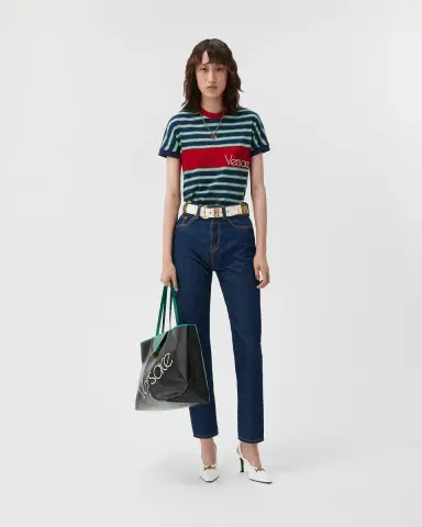 Versace Embroidered-Logo Striped-Intarsia Cotton T-Shirt | Thumbnail 2 Versace Embroidered-Logo Striped-Intarsia Cotton T-Shirt | Thumbnail 2
