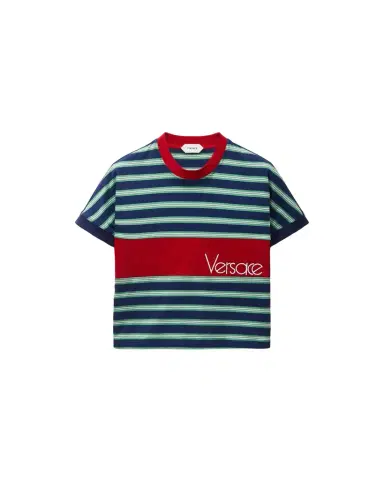 Versace Embroidered-Logo Striped-Intarsia Cotton T-Shirt | Thumbnail 1 Versace Embroidered-Logo Striped-Intarsia Cotton T-Shirt | Thumbnail 1