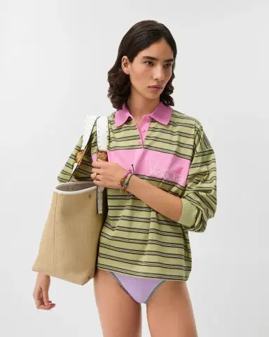 Versace Embroidered-Logo Striped-Intarsia Cotton Polo | Thumbnail 2