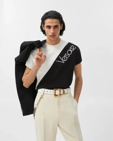 Versace Embroidered-Logo Stretch Cotton-Jersey Slim T-Shirt | Thumbnail 2