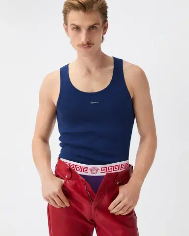 Versace Embroidered-Logo Ribbed Cotton-Jersey Tank Top | Thumbnail 2
