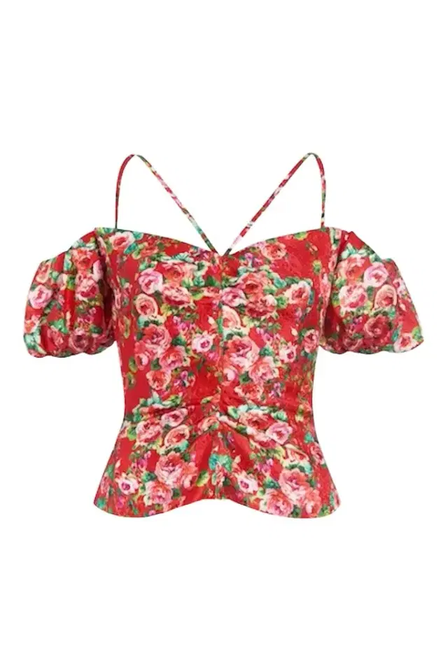 Markarian Ruby Red Rose Floral Ruched Off-the-Shoulder Top