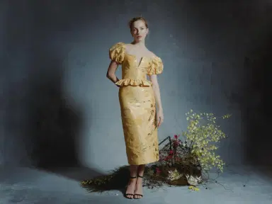 Markarian Yara Gold Floral Brocade Midi Dress | Thumbnail 2 Markarian Yara Gold Floral Brocade Midi Dress | Thumbnail 2