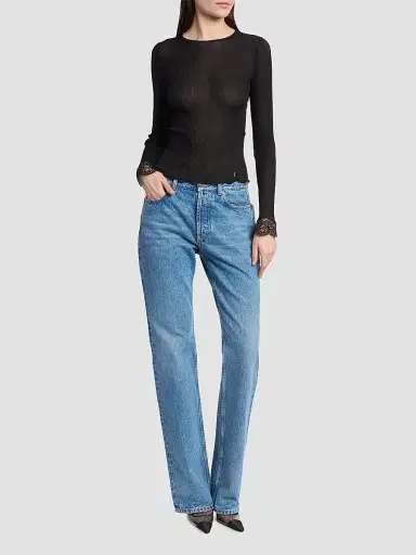 Saint Laurent Women's Cassandre Lace-Cuff Top in Ribbed Silk Jersey | Thumbnail 2