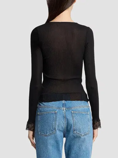 Saint Laurent Women's Cassandre Lace-Cuff Top in Ribbed Silk Jersey | Thumbnail 3