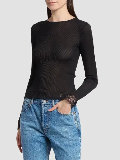Saint Laurent Women's Cassandre Lace-Cuff Top in Ribbed Silk Jersey | Thumbnail 4