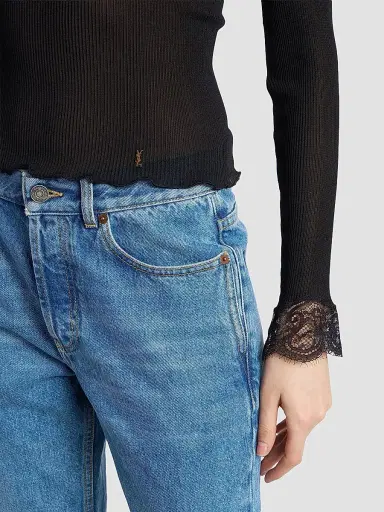 Saint Laurent Women's Cassandre Lace-Cuff Top in Ribbed Silk Jersey | Thumbnail 5