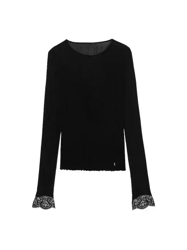 Saint Laurent Women's Cassandre Lace-Cuff Top in Ribbed Silk Jersey | Thumbnail 1