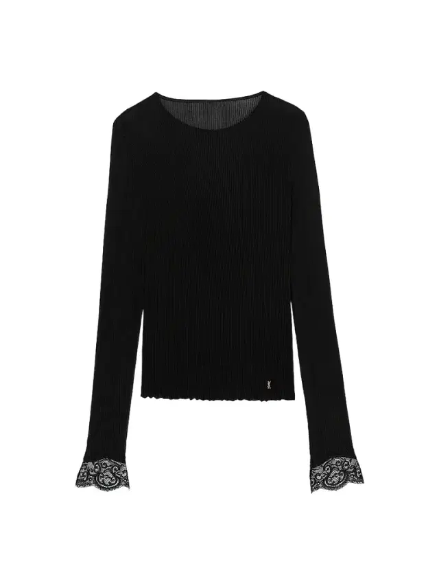 Saint Laurent Women's Cassandre Lace-Cuff Top in Ribbed Silk Jersey