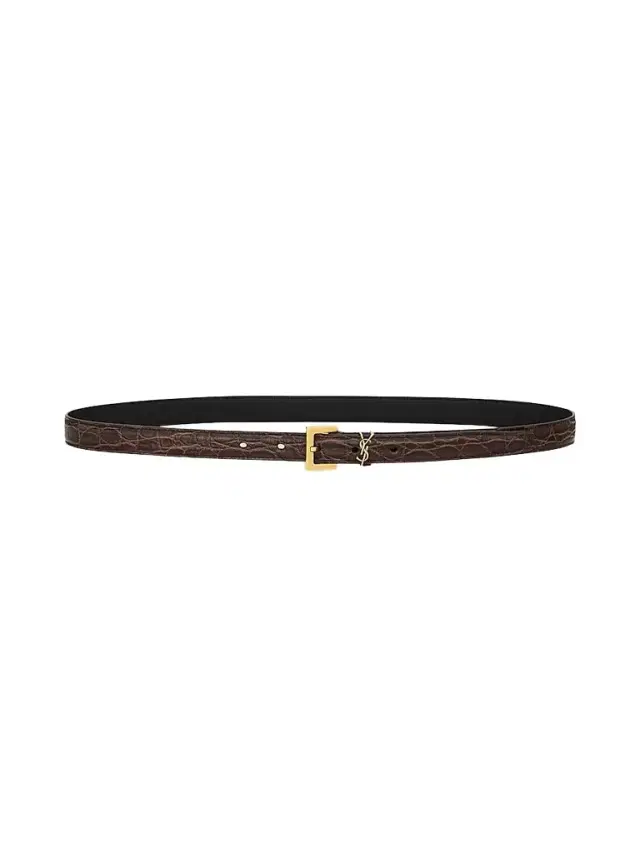 Saint Laurent Women's Cassandre Thin Belt in Crocodile-Embossed Leather
