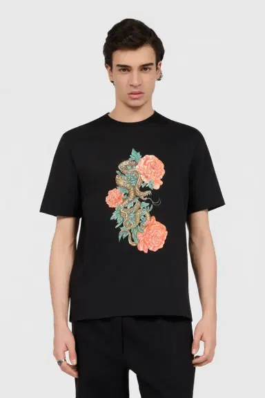 Roberto Cavalli Black T-Shirt With Snake Floral Print | Thumbnail 2 Roberto Cavalli Black T-Shirt With Snake Floral Print | Thumbnail 2