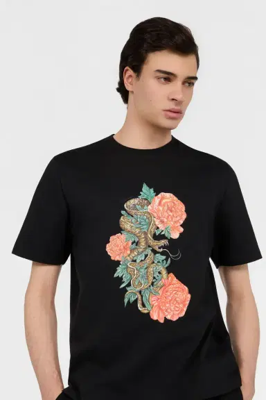 Roberto Cavalli Black T-Shirt With Snake Floral Print | Thumbnail 4 Roberto Cavalli Black T-Shirt With Snake Floral Print | Thumbnail 4