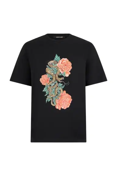 Roberto Cavalli Black T-Shirt With Snake Floral Print | Thumbnail 1 Roberto Cavalli Black T-Shirt With Snake Floral Print | Thumbnail 1