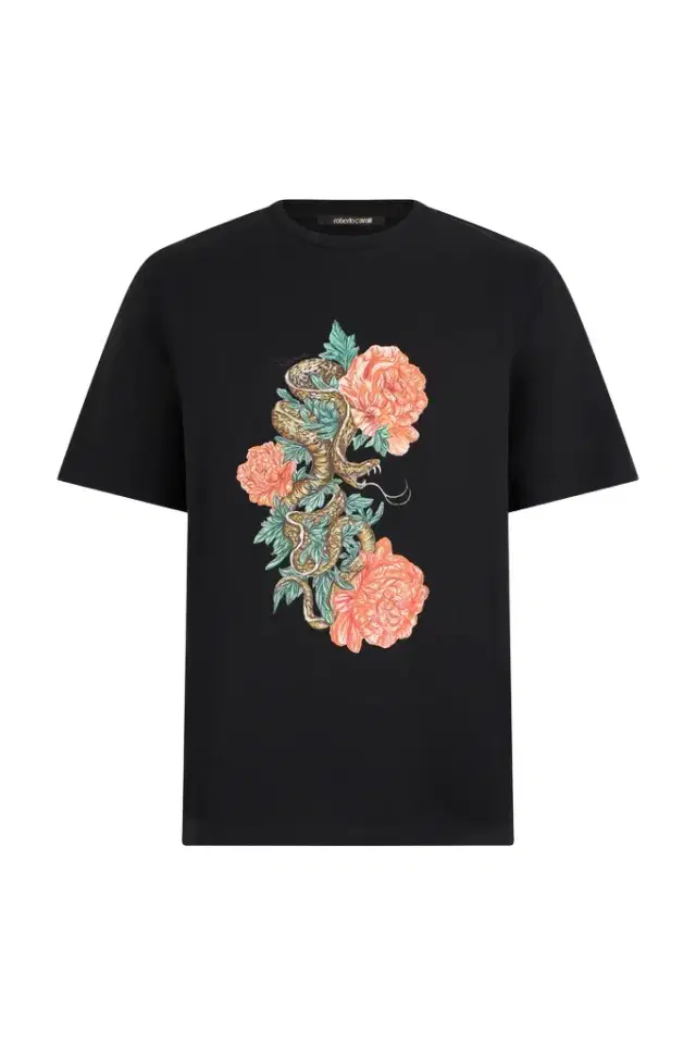 Roberto Cavalli Black T-Shirt With Snake Floral Print