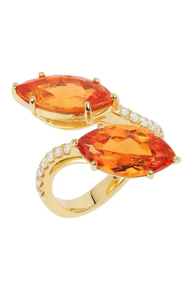 GOSHWARA Mandarin Garnet Diamond Marquise Twin Ring