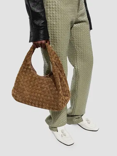 Bottega Veneta Women's Medium Campana Intrecciato Suede Shoulder Bag | Thumbnail 2 Bottega Veneta Women's Medium Campana Intrecciato Suede Shoulder Bag | Thumbnail 2