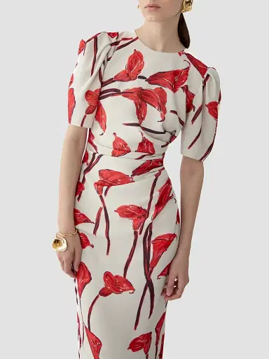 Carolina Herrera Women's Floral Gathered Puff-Sleeve Cocktail Dress | Thumbnail 4 Carolina Herrera Women's Floral Gathered Puff-Sleeve Cocktail Dress | Thumbnail 4