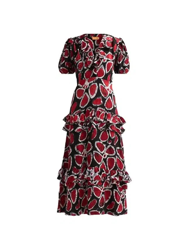 Elisamama Women's Lase Printed Ruffle Cotton Midi Dress