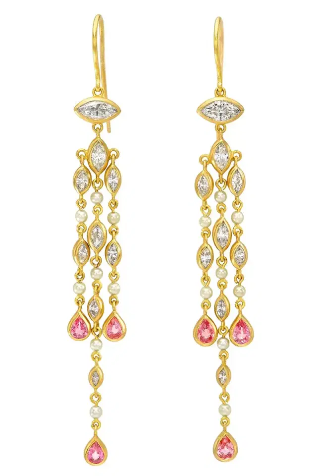 CAMILLE BEINHORN Pink Sapphire Diamond Pearl Drop Earrings