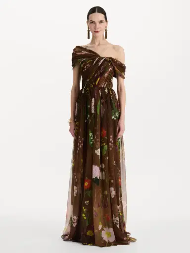 Oscar de la Renta Mixed Botanical Silk Chiffon Gown | Thumbnail 2
